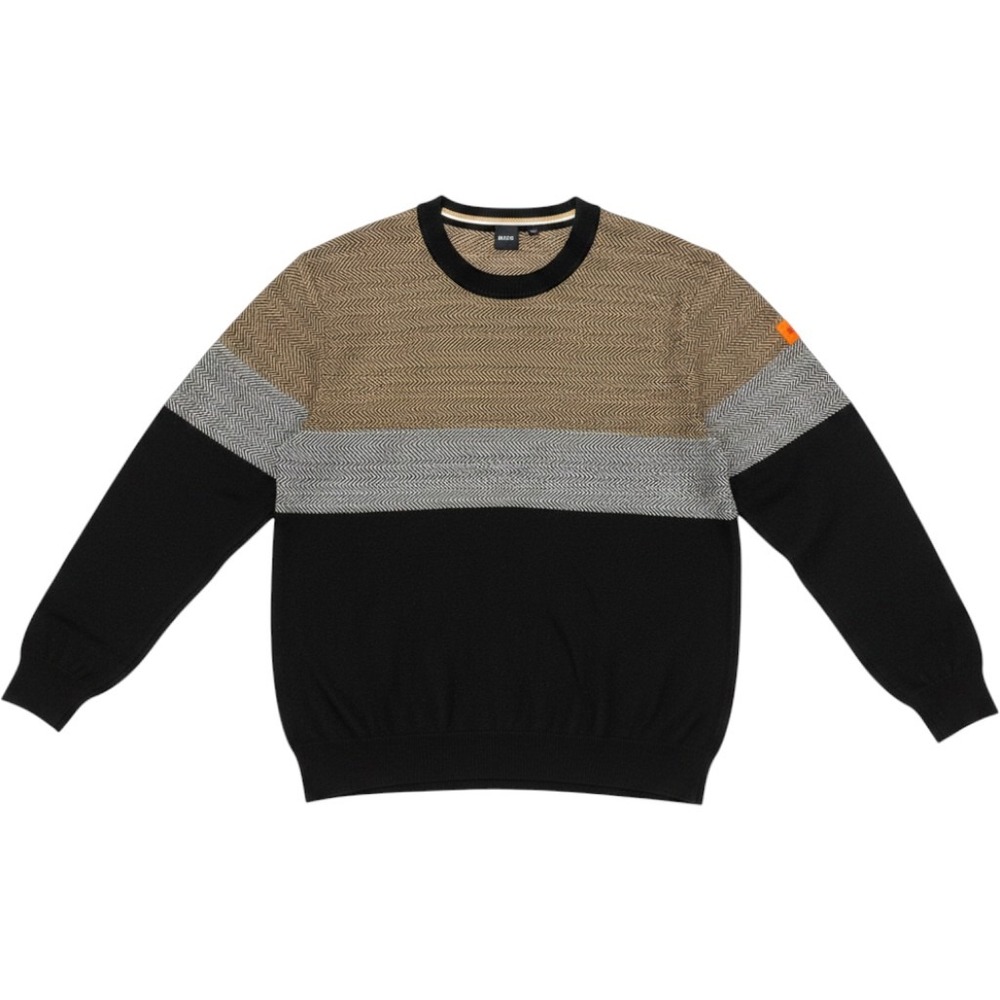 Hugo Boss Mens XXL Herringbone Colorblock Crew Neck Sweater Tan Grey Black